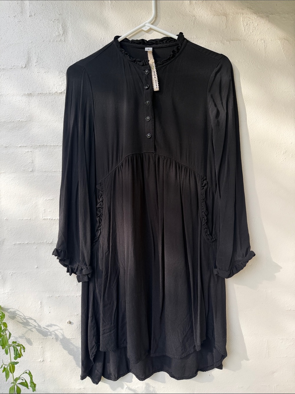 Uncle Frank Black Ruffle-Trim Button Front Long Sleeve Dress
